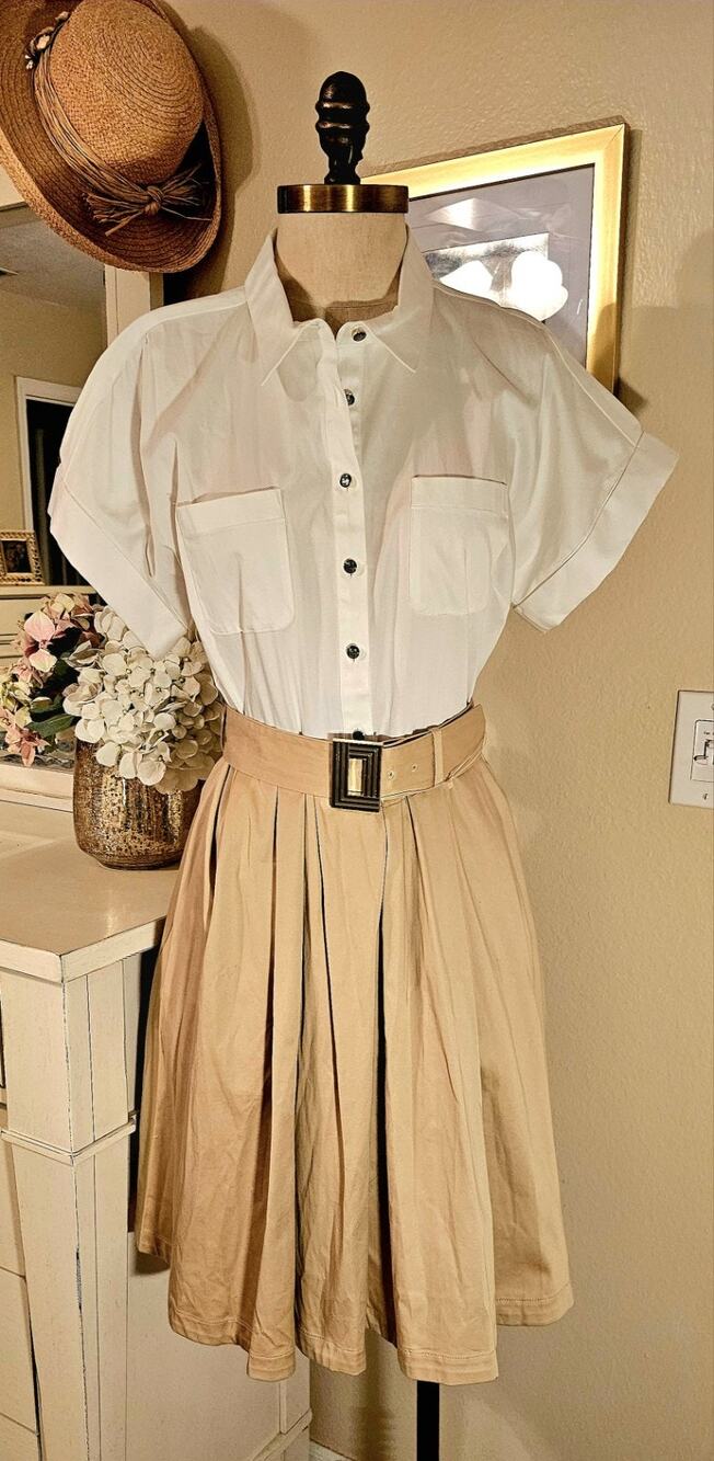 Karl Lagerfeld Paris Dress Size 12 White Tan Belted Fit & Flare Cotton...